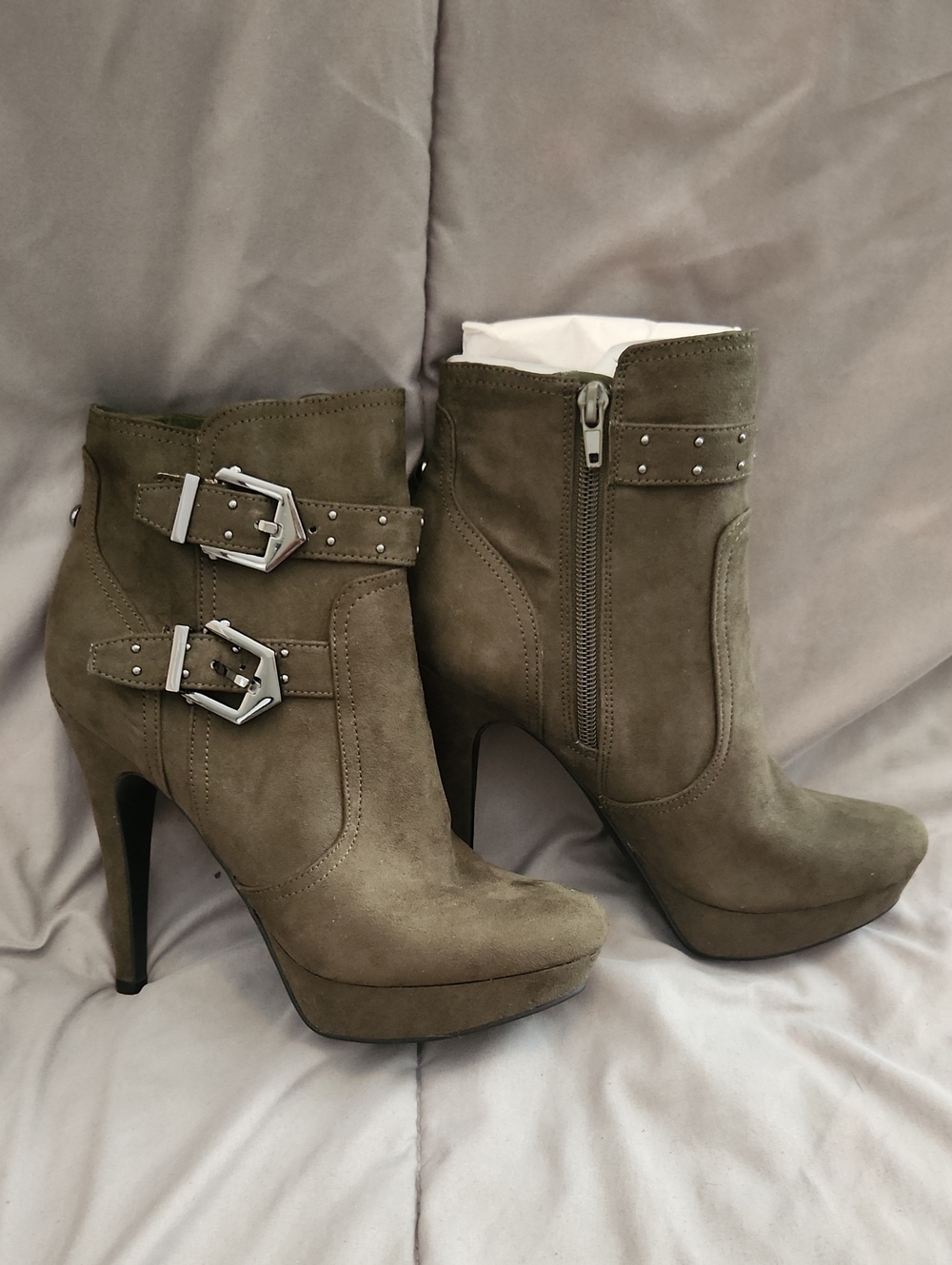 G by Guess Olive Green Suede Ankle Boots with Buckle Accents